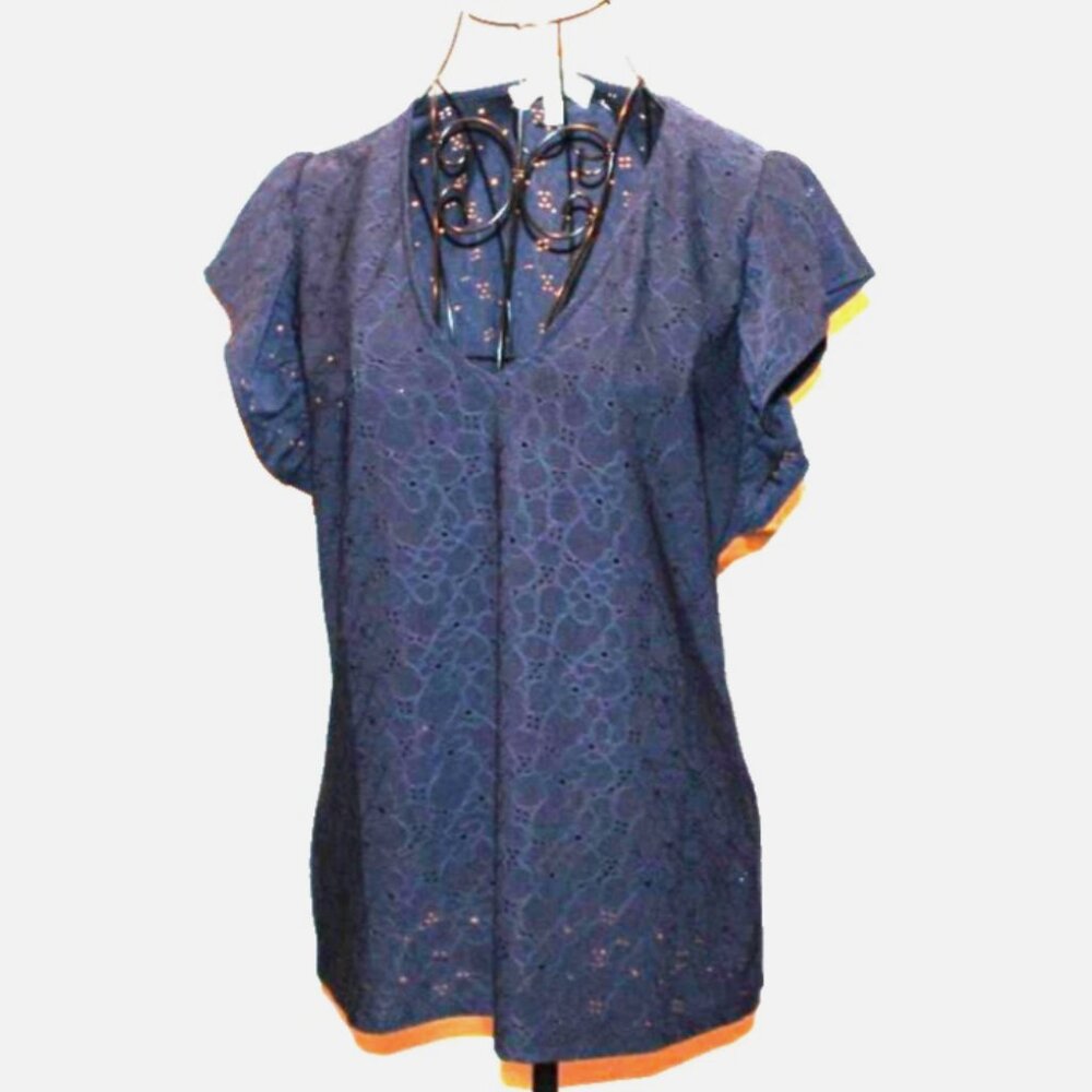 Michael Kors Dark Blue Top Short Sleeve Pullover Shirt Sz M Floral Eyelet Design